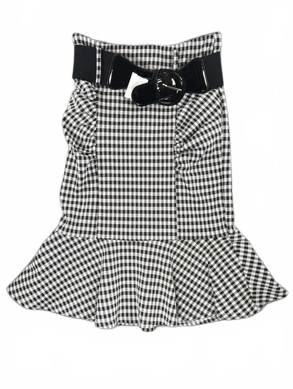 NWOT Belle Pogue Black and White Gingham Ruched Ruffle Skirt with Belt - Medium